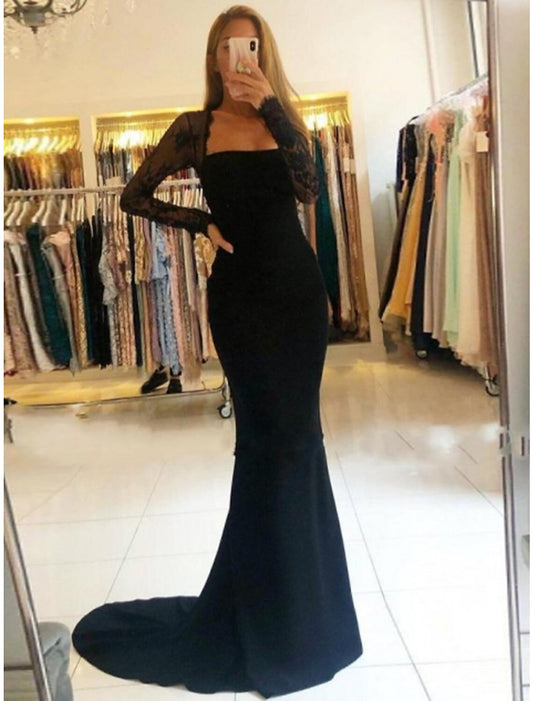 Vestidos de fiesta de sirena/trompeta con espalda abierta, vestido formal de corte en cola, manga larga, sin tirantes, tejido elástico, espalda descubierta con apliques de cuentas