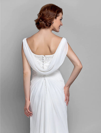 Vestido de madre de la novia de estilo tubo/columna, de inspiración vintage, cuello vuelto, largo hasta el suelo, de gasa, sin mangas, con botones y cristales entrecruzados.