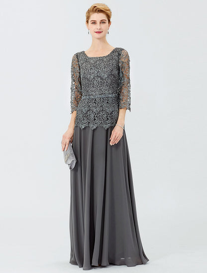 Ball Gown A-Line Mother of the Bride Dress Formal Classic & Timeless Elegant & Luxurious Elegant Scoop Neck Floor Length Chiffon Corded Lace 3/4 Length Sleeve with Sashes / Ribbons Beading