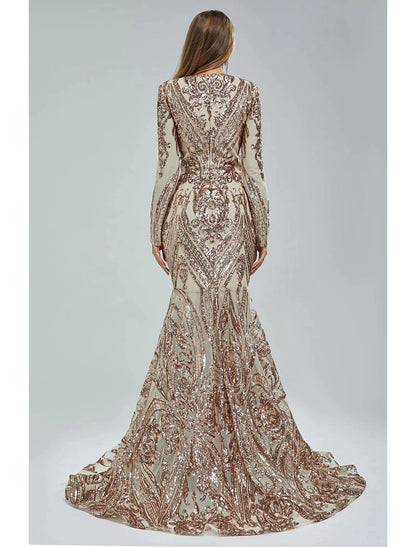 Vestido de noche de sirena/trompeta con brillo y destellos, vestido formal de corte en cola, manga larga, cuello en V, encaje afroamericano con lentejuelas