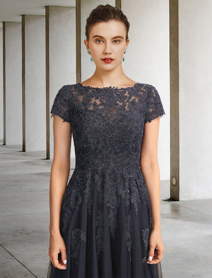 Vestido de baile para madre de la novia, lujoso y elegante, con escote joya, largo hasta el suelo, encaje, tul, manga corta con apliques de cristales.