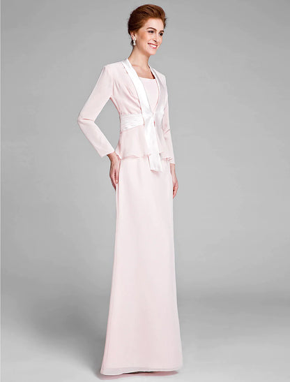 Vestido de sirena/trompeta para madre de la novia, convertible, escote redondo, largo hasta el suelo, gasa, manga larga, cruzado, incluido con faja/cinta