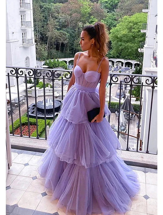 Vestido de fiesta con capas, formal, largo hasta el suelo, sin mangas, escote corazón, tul, espalda descubierta, con pliegues y fruncido.