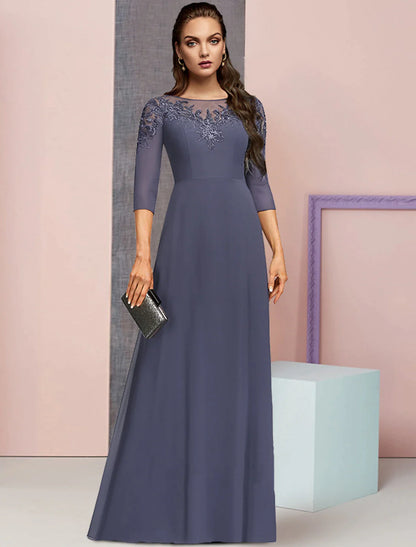 Vestido de madre de la novia de corte A, formal, elegante, con escote joya, largo hasta el suelo, de gasa, con encaje, mangas 3/4 y apliques de lentejuelas