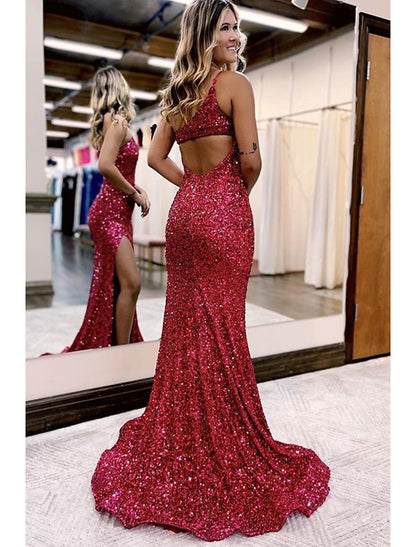 Vestidos de fiesta de sirena/trompeta, brillantes y con brillo, formales, con cola de corte, sin mangas, un hombro, con lentejuelas y abertura con lentejuelas
