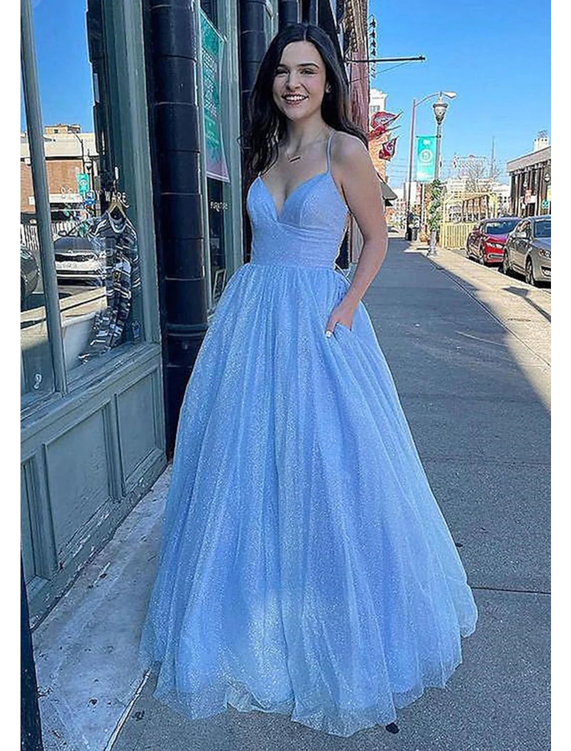 Vestido de fiesta de corte A, vestido de fiesta brillante y resplandeciente, vestido formal largo hasta el suelo, sin mangas, cuello en V, tul, espalda descubierta y pliegues