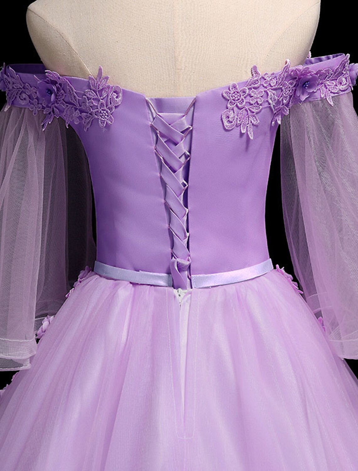 Vestido de fiesta de lujo con flores para quinceañera, fiesta de graduación, cumpleaños, hombros descubiertos, manga 3/4, largo hasta el suelo, tul con faja/cinta bordada