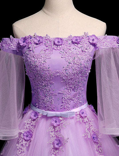 Vestido de fiesta de lujo con flores para quinceañera, fiesta de graduación, cumpleaños, hombros descubiertos, manga 3/4, largo hasta el suelo, tul con faja/cinta bordada