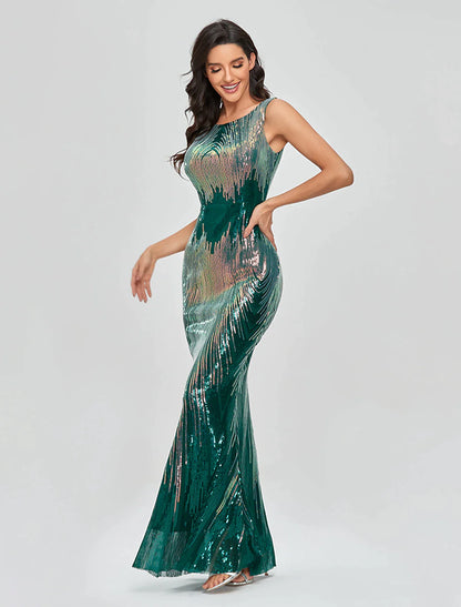 Vestido de fiesta de sirena/trompeta sexy con brillo y destellos, vestido de noche formal, cuello joya, sin mangas, largo hasta el suelo, con lentejuelas