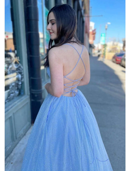 Vestido de fiesta de corte A, vestido de fiesta brillante y resplandeciente, vestido formal largo hasta el suelo, sin mangas, cuello en V, tul, espalda descubierta y pliegues