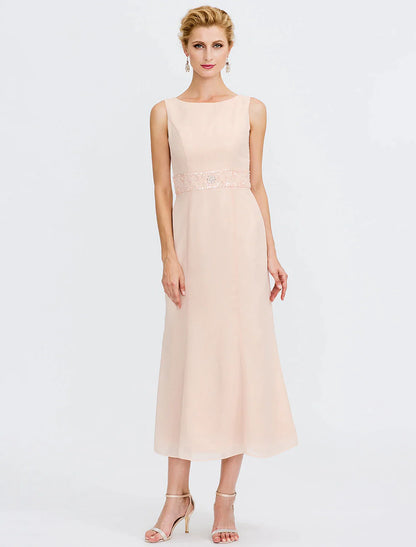 Two Piece Sheath / Column Mother of the Bride Dress Fall Wedding Guest Dresses Plus Size Elegant Jewel Neck Tea Length Chiffon Sleeveless Wrap Included with Sash / Ribbon Pleats Beading