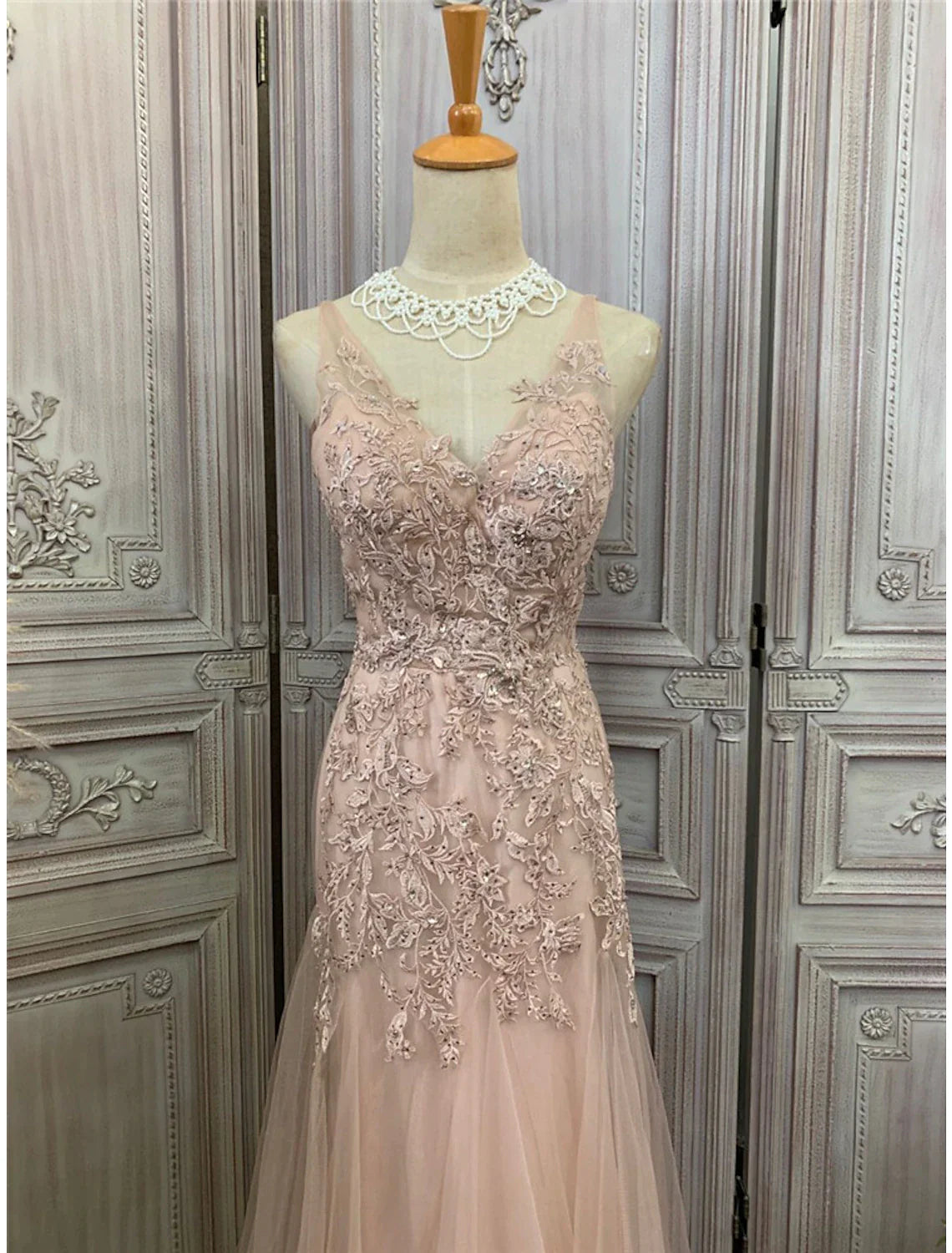 Vestidos de fiesta de sirena/trompeta, vestido largo de fiesta, cola larga/cortada, sin mangas, cuello en V, tul con apliques