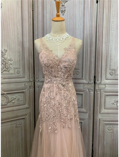 Vestidos de fiesta de sirena/trompeta, vestido largo de fiesta, cola larga/cortada, sin mangas, cuello en V, tul con apliques