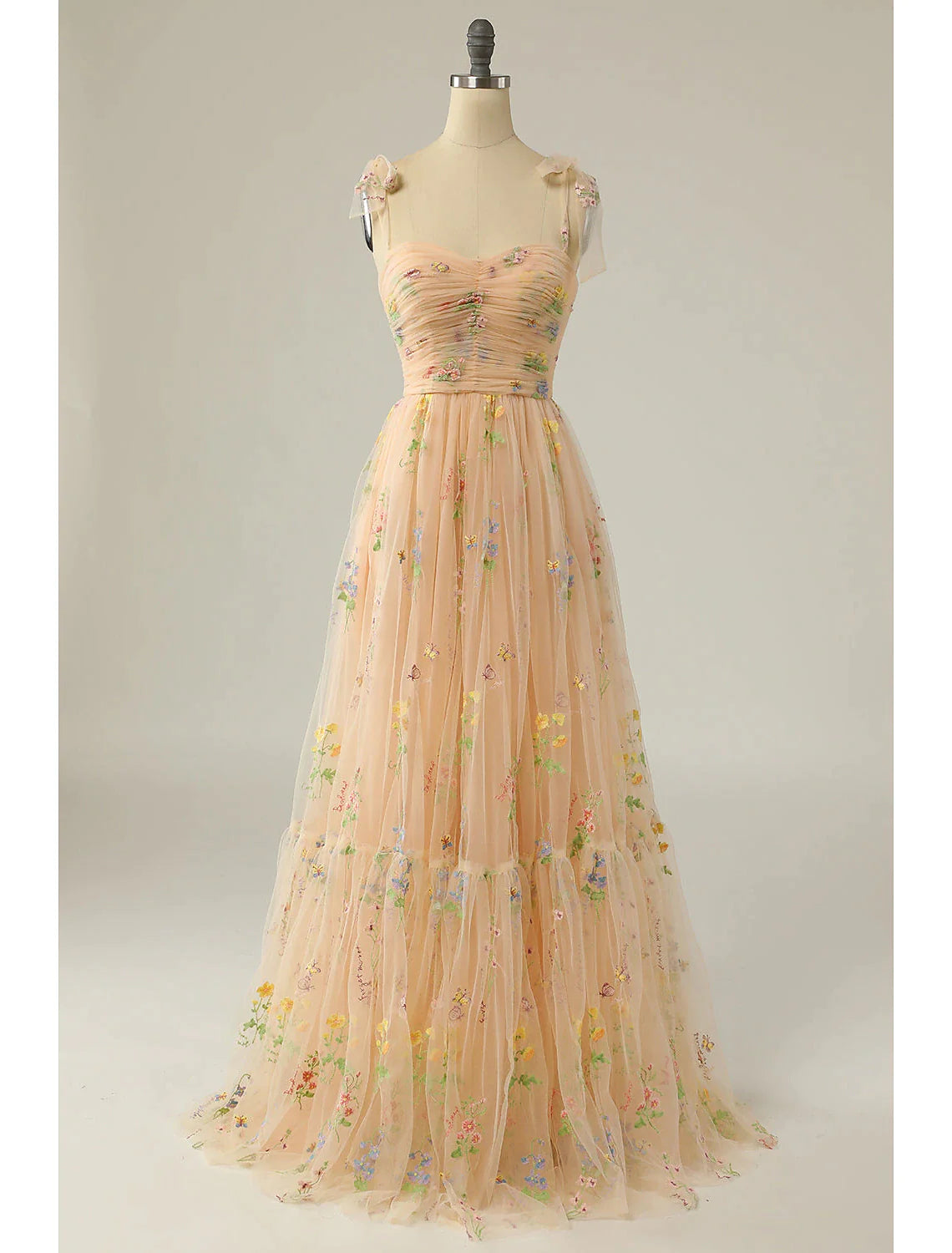 A-Line Prom Dresses Floral Dress Formal Floor Length Sleeveless Sweetheart Lace Backless with Pleats Ruched