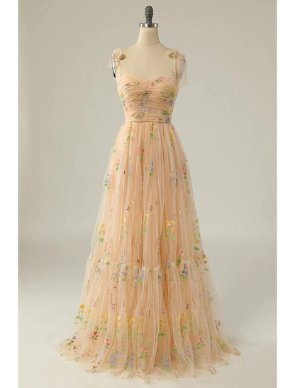 A-Line Prom Dresses Floral Dress Formal Floor Length Sleeveless Sweetheart Lace Backless with Pleats Ruched