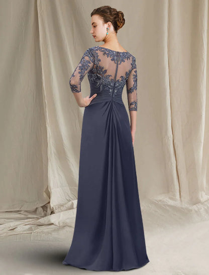 Sheath / Column Mother of the Bride Dress Elegant Jewel Neck Floor Length Chiffon Lace 3/4 Length Sleeve with Appliques