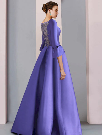 Vestido de madre de la novia de corte A, formal, fiesta, elegante, escote redondo, largo hasta el suelo, satén, manga 3/4 con lazo(s), pliegues, bordado