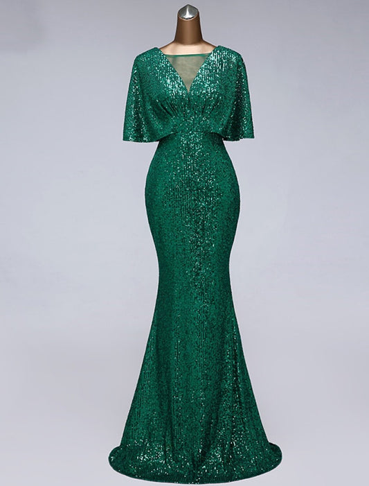 Suknie balowe syrena/trąbka, sukienka z cekinami, błyszcząca, dla gości weselnych, długość do ziemi, półrękaw, dekolt przezroczysty, zdobiona cekinami i falbankami z cekinów