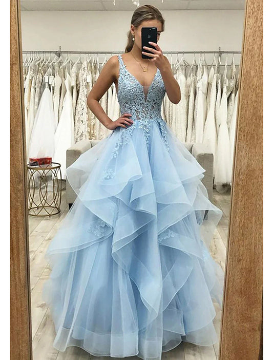 Vestido de fiesta de corte A, estilo princesa, formal, largo hasta el suelo, sin mangas, escote en V, tul, espalda descubierta, con pliegues y apliques fruncidos.