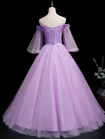 Vestido de fiesta de lujo con flores para quinceañera, fiesta de graduación, cumpleaños, hombros descubiertos, manga 3/4, largo hasta el suelo, tul con faja/cinta bordada