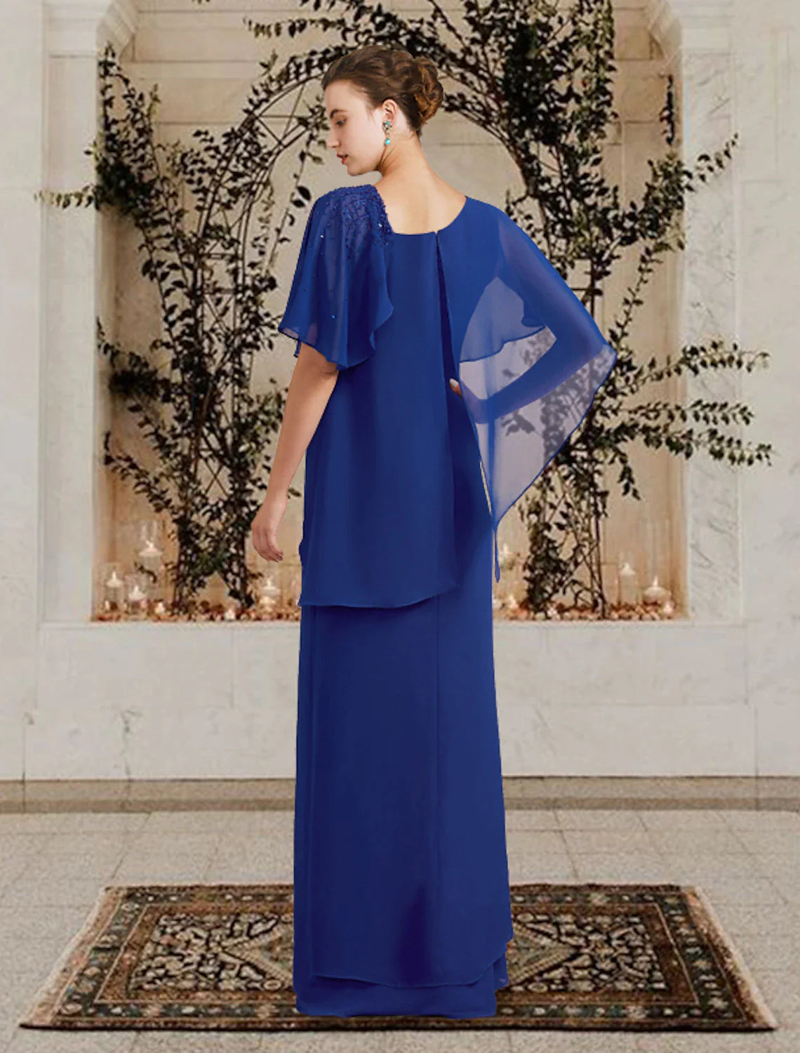 Vestido de Madre de la Novia con Corte Vaina/Columna, Talla Grande, Elegante, Escote Barco, Largo hasta el Suelo, Gasa, Manga Corta, con Volantes y Cuentas