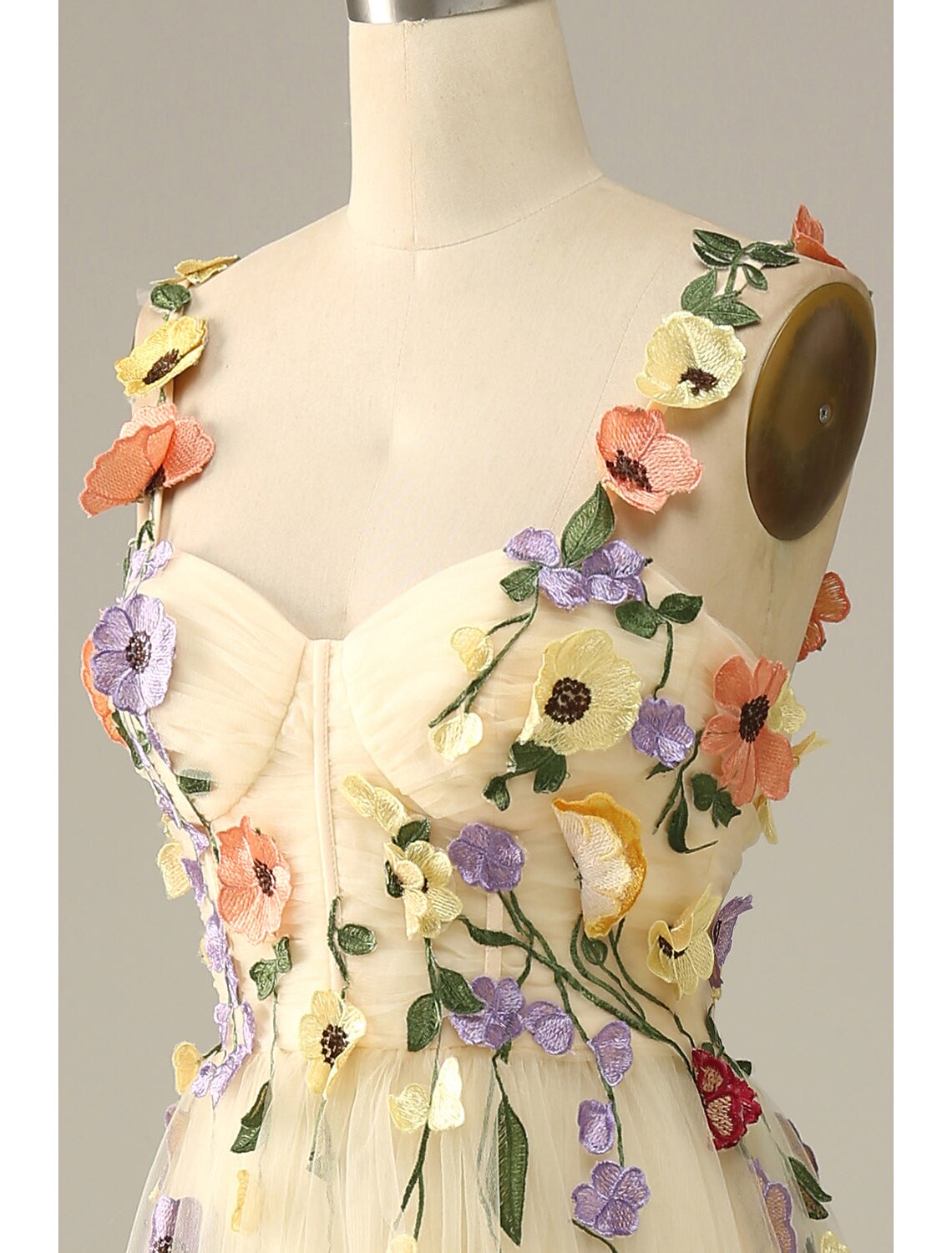 Vestido de novia de corte A, para invitada, floral, para fiesta, largo hasta el suelo, sin mangas, con tirantes finos, de tul y apliques