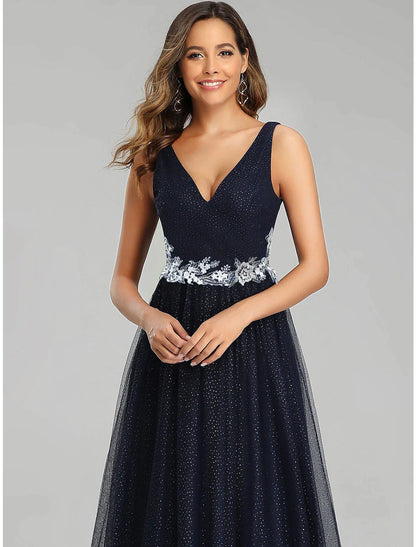 Vestidos de fiesta de corte A, estilo imperio, para invitados de boda, largo hasta el suelo, sin mangas, cuello en V, tul con apliques de lentejuelas