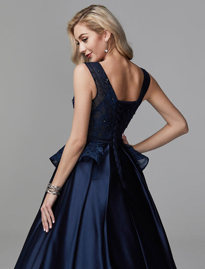 Vestido de fiesta Peplum de quinceañera, vestido de noche formal, escote en V, sin mangas, largo hasta el suelo, encaje con lazo(s) y cuentas