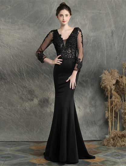 Mermaid / Trumpet Prom Dresses Elegant Dress Formal Sweep / Brush Train Long Sleeve V Neck Cotton Blend with Beading Appliques