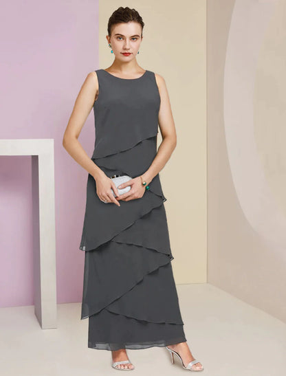 Vestido de madre de la novia con corte tubo/columna, elegante, para invitada de boda, escote redondo, largo hasta los tobillos, de gasa, sin mangas, cruzado, con volantes en cascada.