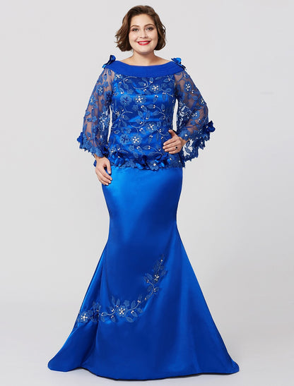 Suknia dla matki panny młodej w kroju syreny / trąbki, formalna, plus size, elegancka, dekolt w łódkę, tren z rozcięciem / szczotką, koronka na szarmezie, długi rękaw, bez plis, falbanki
