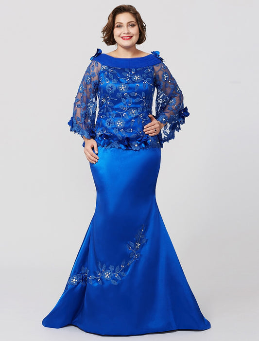 Suknia dla matki panny młodej w kroju syreny / trąbki, formalna, plus size, elegancka, dekolt w łódkę, tren z rozcięciem / szczotką, koronka na szarmezie, długi rękaw, bez plis, falbanki