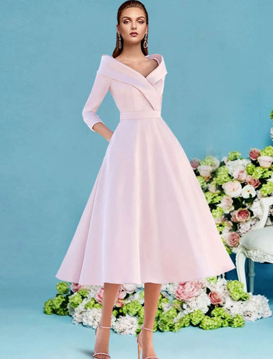 Vestido de madre de la novia de corte A para invitada de boda, estilo vintage, elegante, escote en V, largo hasta la rodilla, satén, manga 3/4 con pliegues