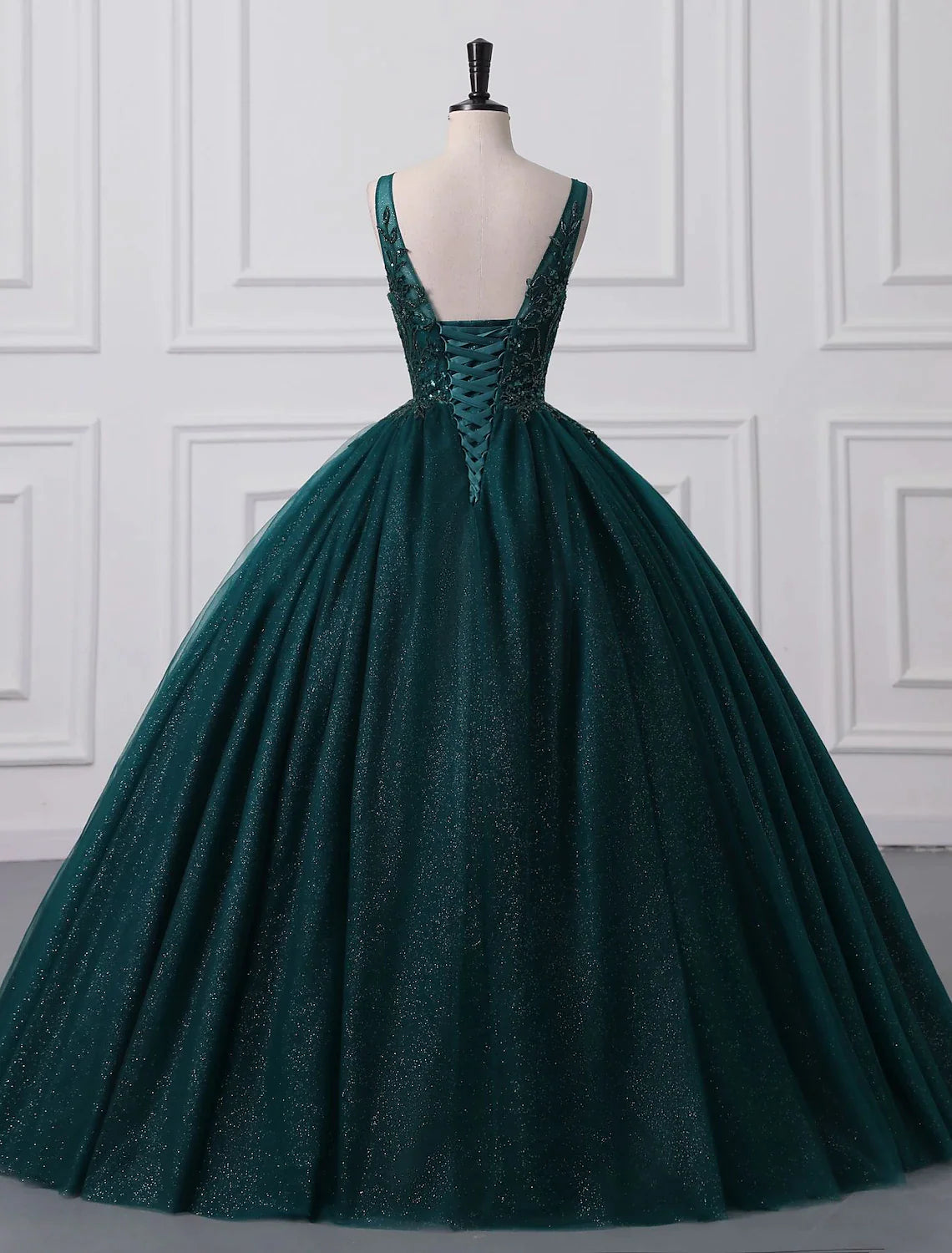 Vestido de fiesta con brillo y pedrería, para quinceañera, largo hasta el suelo, sin mangas, cuello en V, tul con apliques de lentejuelas.