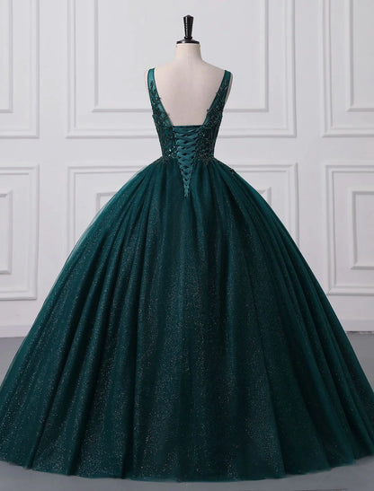 Vestido de fiesta con brillo y pedrería, para quinceañera, largo hasta el suelo, sin mangas, cuello en V, tul con apliques de lentejuelas.