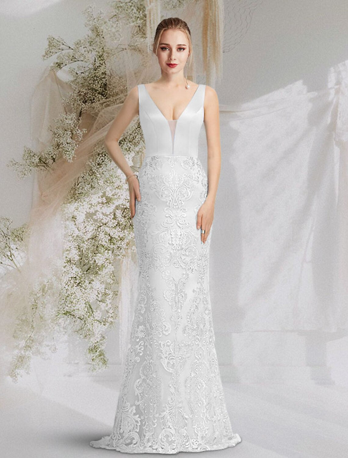 Vestidos de fiesta de sirena/trompeta, lujosos, formales de noche, con cola de corte, sin mangas, escote en V, satén con apliques sobrefalda.