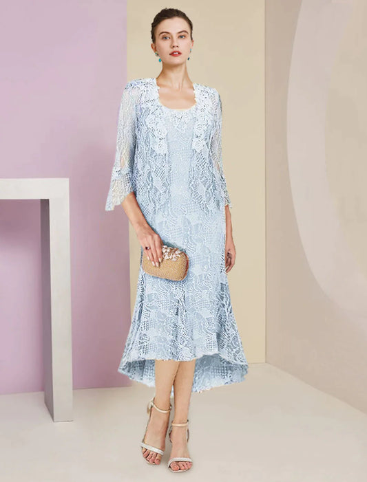 Dwuczęściowa suknia dla matki panny młodej w stylu syreny/trąbki, formalna, na wesele, elegancka, z wysokim, niskim dekoltem, asymetryczna, do kolan, koronkowa, bez rękawów, w komplecie z jednolitym kolorem