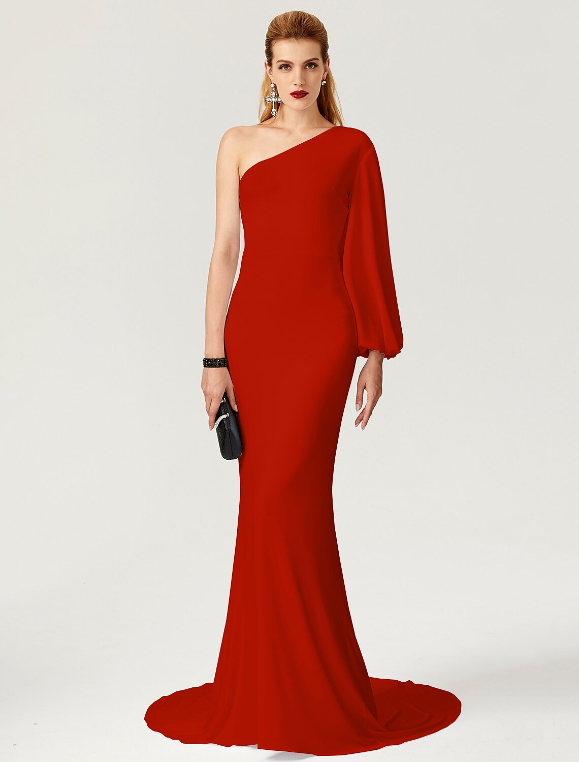 Vestido de celebridad estilo sirena/trompeta, de compromiso, con cola de corte, manga larga, un hombro, jersey con pliegues