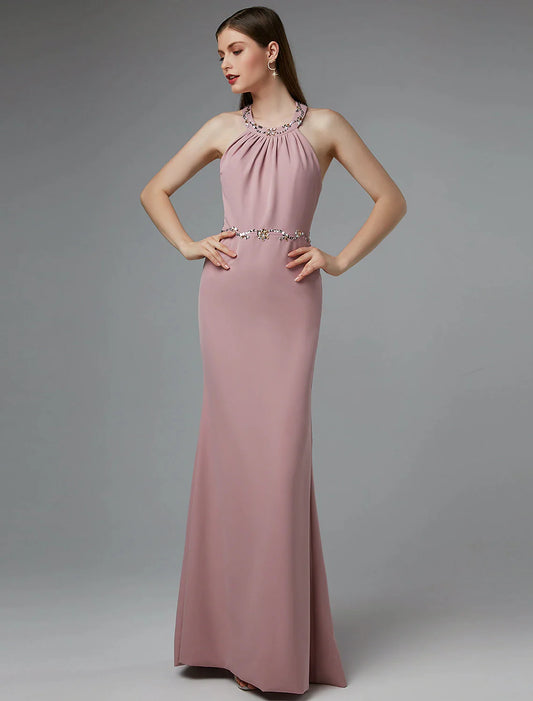 Vestido tubo/columna con espalda hermosa, para invitada de boda, largo hasta el suelo, sin mangas, estilo halter, licra, espalda cruzada con cuentas