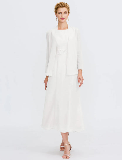 Two Piece Sheath / Column Mother of the Bride Dress Fall Wedding Guest Dresses Plus Size Elegant Jewel Neck Tea Length Chiffon Sleeveless Wrap Included with Sash / Ribbon Pleats Beading