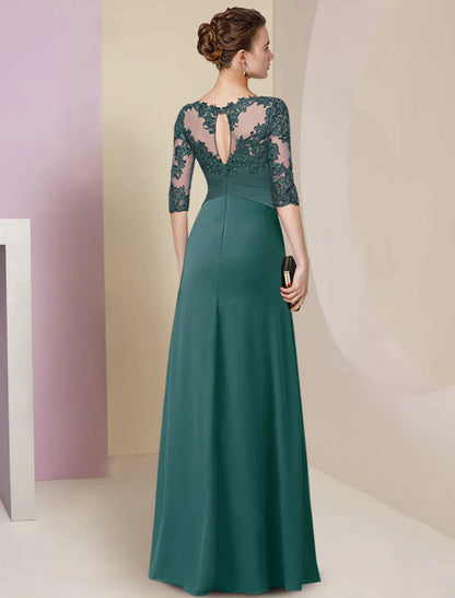 Sheath / Column Mother of the Bride Dress Simple Elegant Jewel Neck Floor Length Chiffon Lace Half Sleeve with Pleats Solid Color