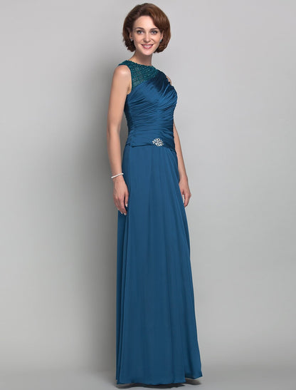 Vestido de madre de la novia de corte tubo/columna, de inspiración vintage, con escote joya, largo hasta el suelo, de satén en gasa, sin mangas y con cuentas