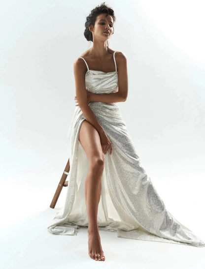 Vestidos de fiesta de sirena/trompeta, brillantes, para boda, hasta el suelo, sin mangas, cuello redondo, de tul con fruncido