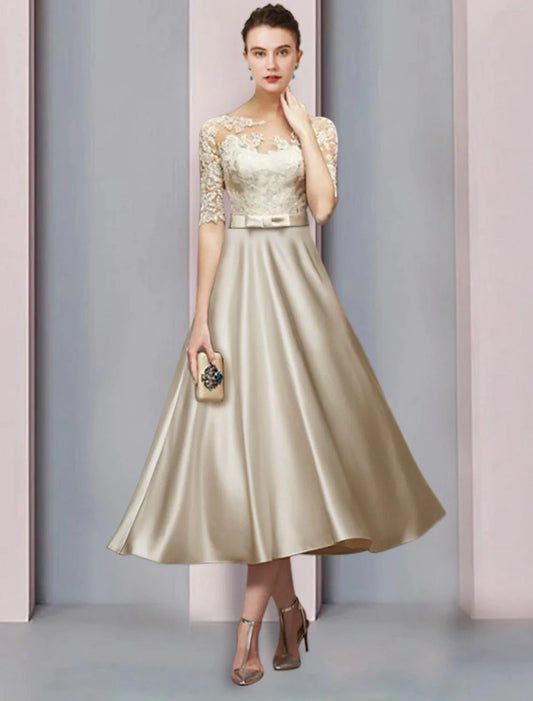 Vestido de madre de la novia con corte tubo/columna para invitados de boda, elegante, escote redondo, largo hasta la rodilla, encaje satinado, media manga con lazo(s) y pliegues.