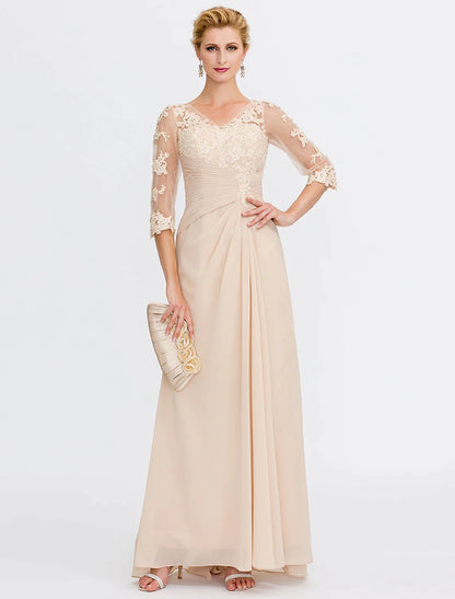A-Line Mother of the Bride Dress Plus Size Elegant See Through V Neck Floor Length Chiffon Half Sleeve with Appliques Side Draping