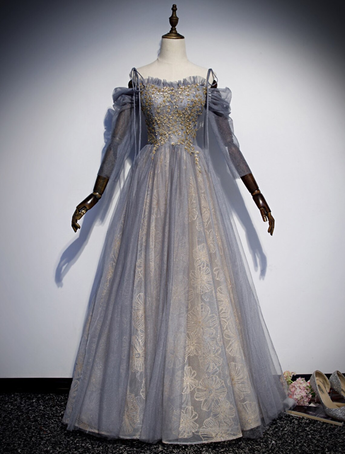 Vestidos de fiesta de corte A, brillantes, para invitadas de boda, largo hasta el suelo, mangas 3/4, tirantes finos, tul con bordado de lentejuelas