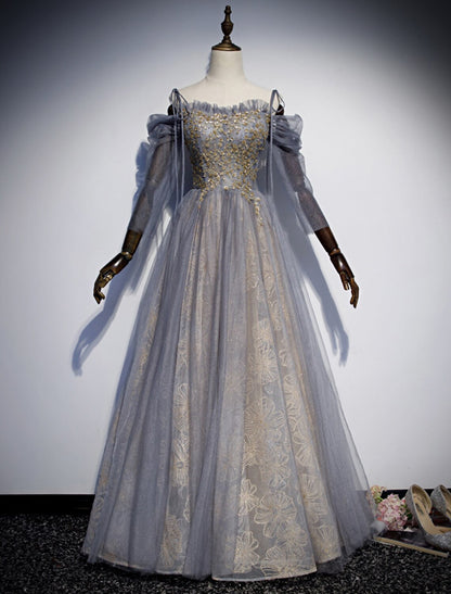 Vestidos de fiesta de corte A, brillantes, para invitadas de boda, largo hasta el suelo, mangas 3/4, tirantes finos, tul con bordado de lentejuelas