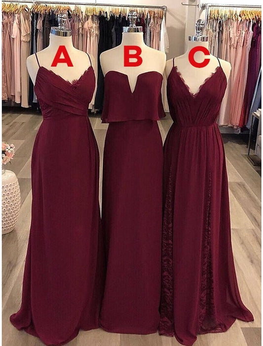 Vestido de dama de honor con corte tubo/columna, tirantes finos/sin tirantes/cuello en V, sin mangas, estilo vintage, largo hasta el suelo, de gasa con encaje/fruncido.