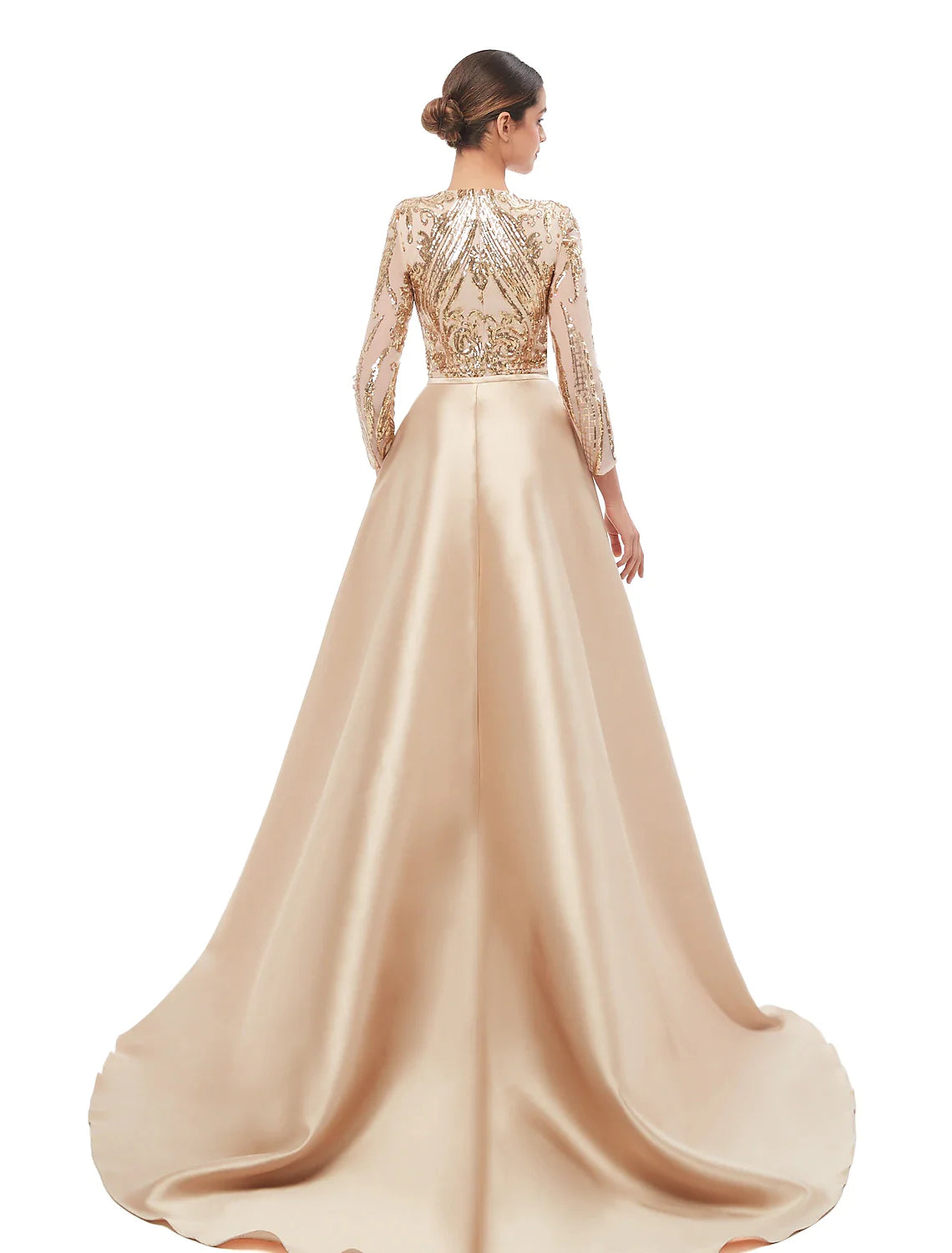 Vestido de noche formal elegante estilo sirena/trompeta, estilo vintage, con escote joya, manga larga y lentejuelas desmontables.