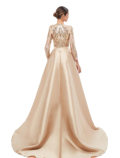 Vestido de noche formal elegante estilo sirena/trompeta, estilo vintage, con escote joya, manga larga y lentejuelas desmontables.